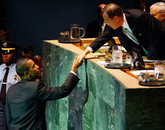 President Obama greets Secretary General Ban Ki-moon at the United Nations on September 22, 2009. Reuters Photos<br/> 