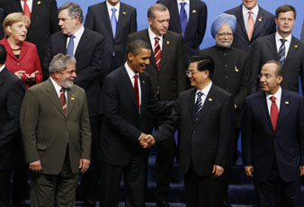President Obama shakes hands with Chinese President Hu Jintao at the G-20 summit in Pittsburgh, Sept. 25, 2009. AP Images</br> 