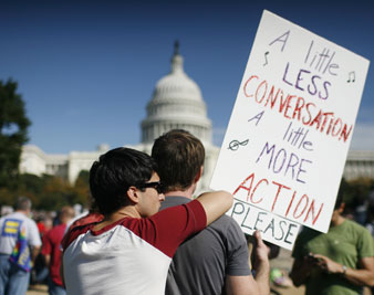 A couple participates in a gay rights demonstration in Washington, 10/11/2009. Reuters Pictures<br/> 