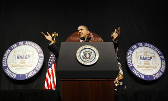 Obama speaks at the NAACP anniversary convention in New York. Reuters Photos<br/> 