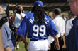 Los Angeles Dodgers Manny Ramirez speaks during news conference at Dodgers Stadium in Los Angeles.