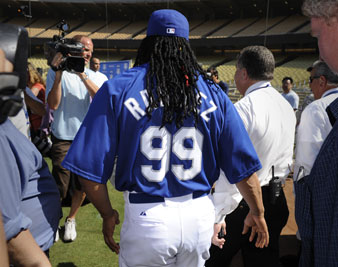 Los Angeles Dodgers Manny Ramirez speaks during news conference at Dodgers Stadium in Los Angeles. Reuters Photos<br/> 