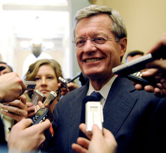 Senate Finance Committee Chairman Sen. Max Baucus, D-Mont. talks with reporters on Capitol Hill, Wednesday, Feb. 11, 2009. AP Images</br> 