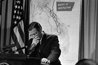 Secretary of Defense Robert McNamara is shown at June 29, 1966 Pentagon news conference in Washington.  AP Images</br> 