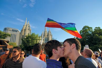 Utah gays protest Proposition 8 in Salt Lake City's Temple Square. DAVID DANIELS 