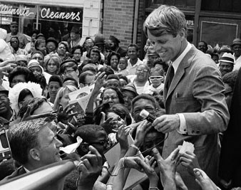 Sen. Robert Kennedy campaigns in Indianapolis, May 1968. AP Images</br> 